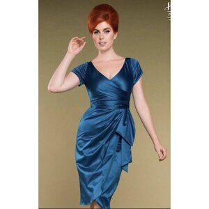 Pinup Couture Ava Faux Wrap Wiggle Dress Turquoise Satin 2X Retro Mad Men Glam